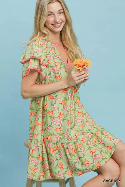 Umgee Floral Flutter Sleeve Tiered Dress - NORIVE