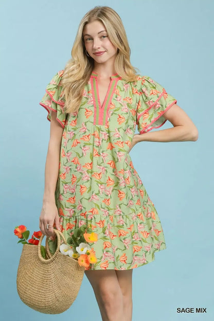 Umgee Floral Flutter Sleeve Tiered Dress - NORIVE