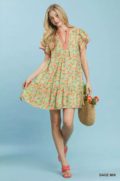 Umgee Floral Flutter Sleeve Tiered Dress - NORIVE