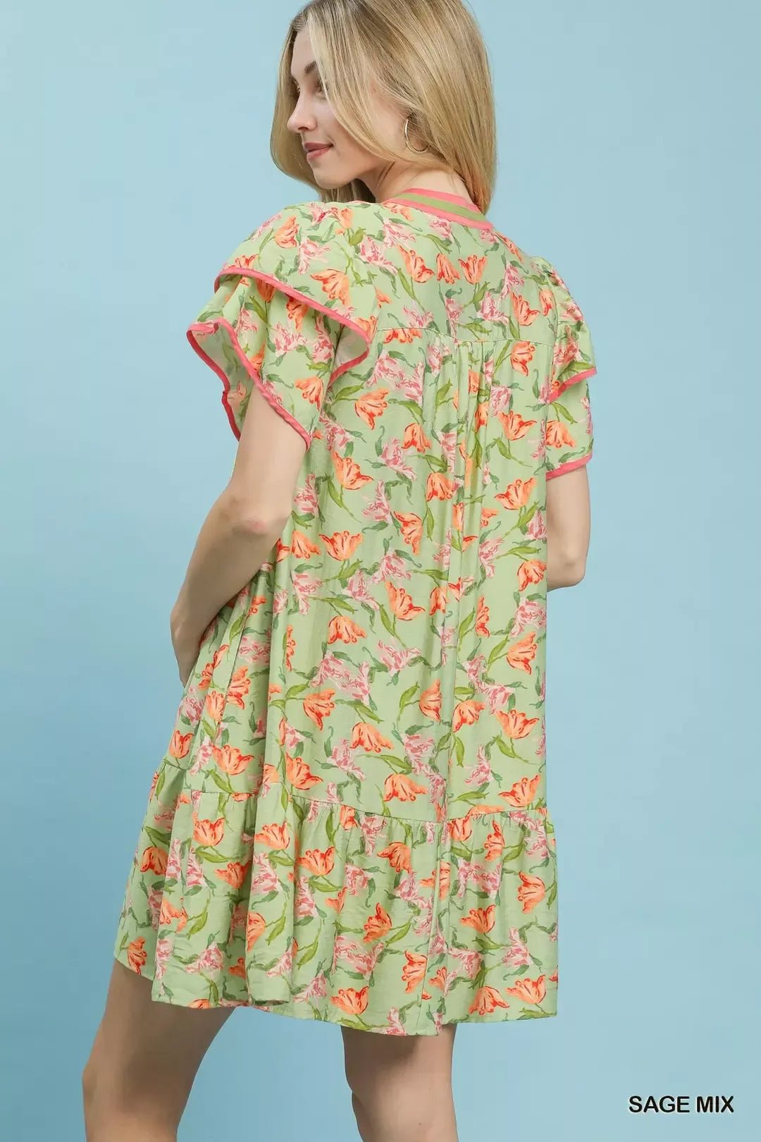 Umgee Floral Flutter Sleeve Tiered Dress - NORIVE