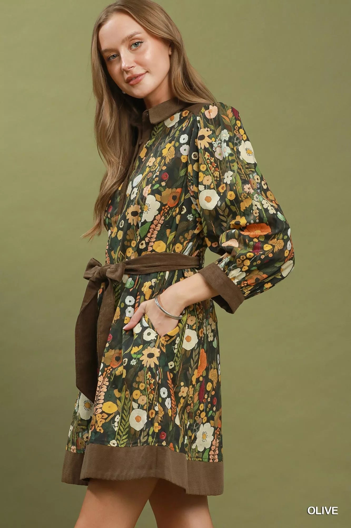 Umgee Floral Print Belted Puff Sleeve Mini Dress - NORIVE
