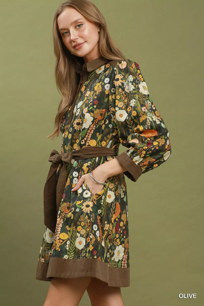 Umgee Floral Print Belted Puff Sleeve Mini Dress - NORIVE