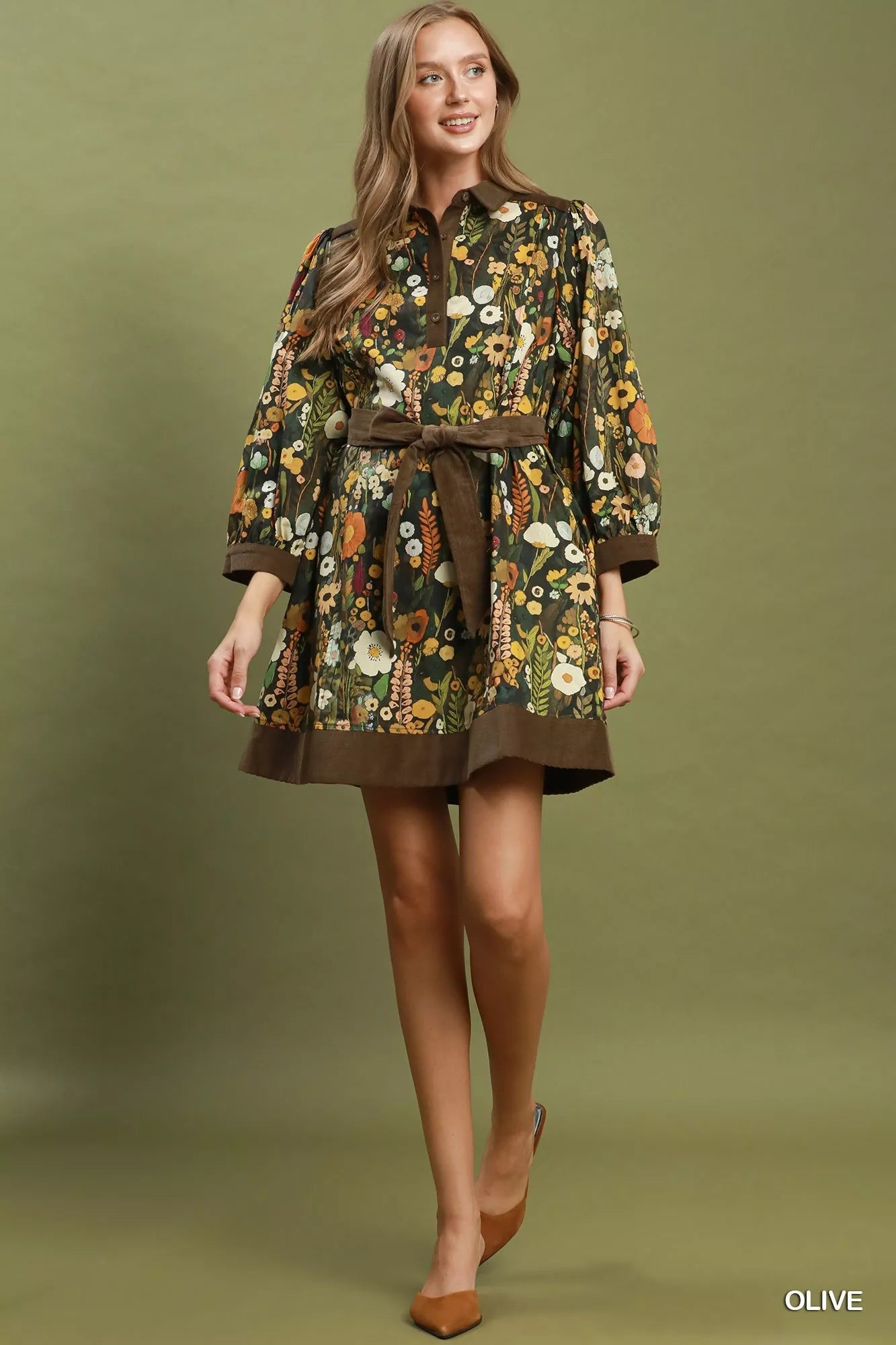 Umgee Floral Print Belted Puff Sleeve Mini Dress - NORIVE