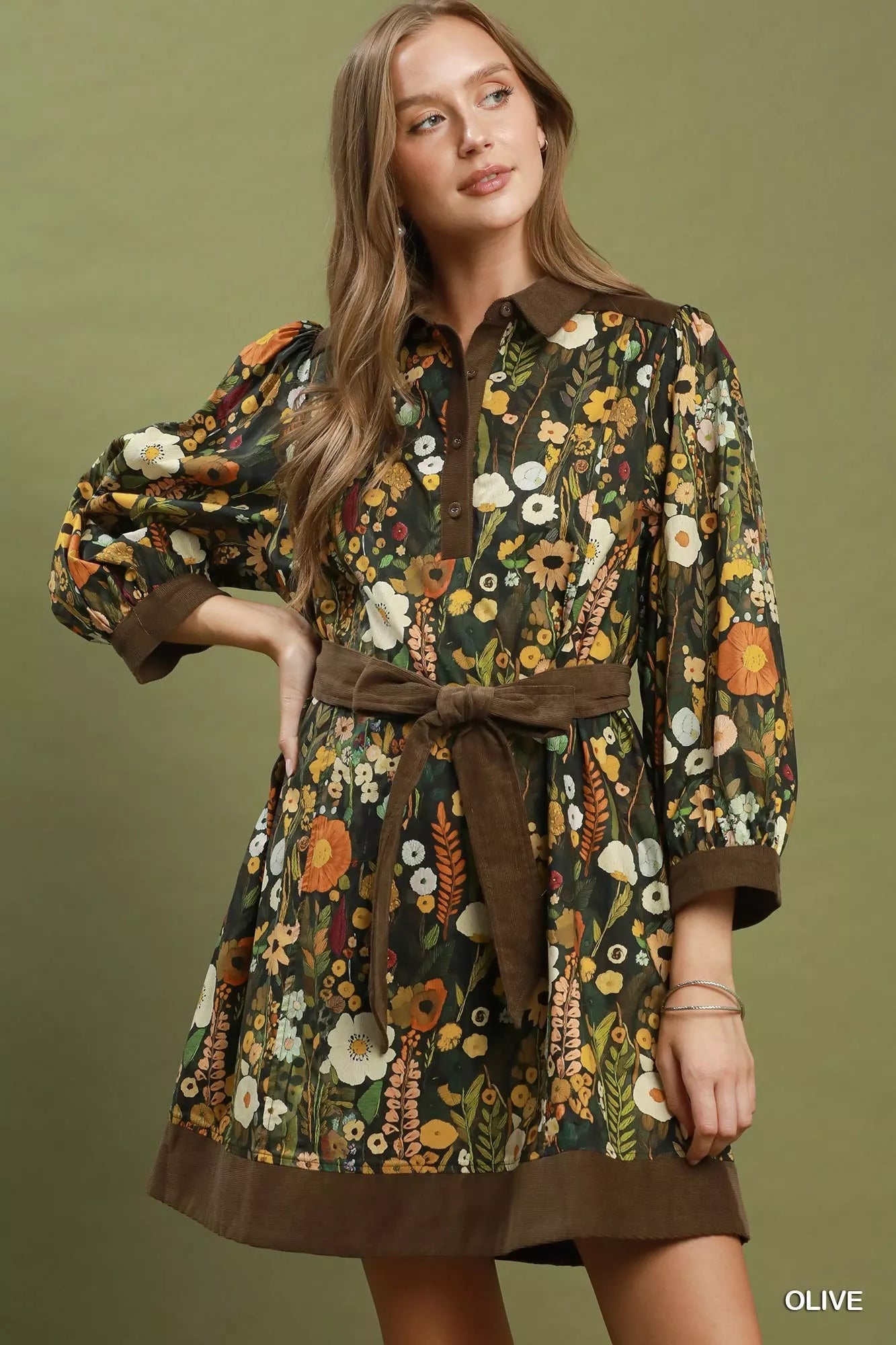 Umgee Floral Print Belted Puff Sleeve Mini Dress - NORIVE