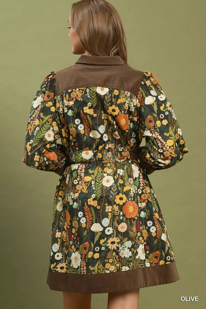 Umgee Floral Print Belted Puff Sleeve Mini Dress - NORIVE