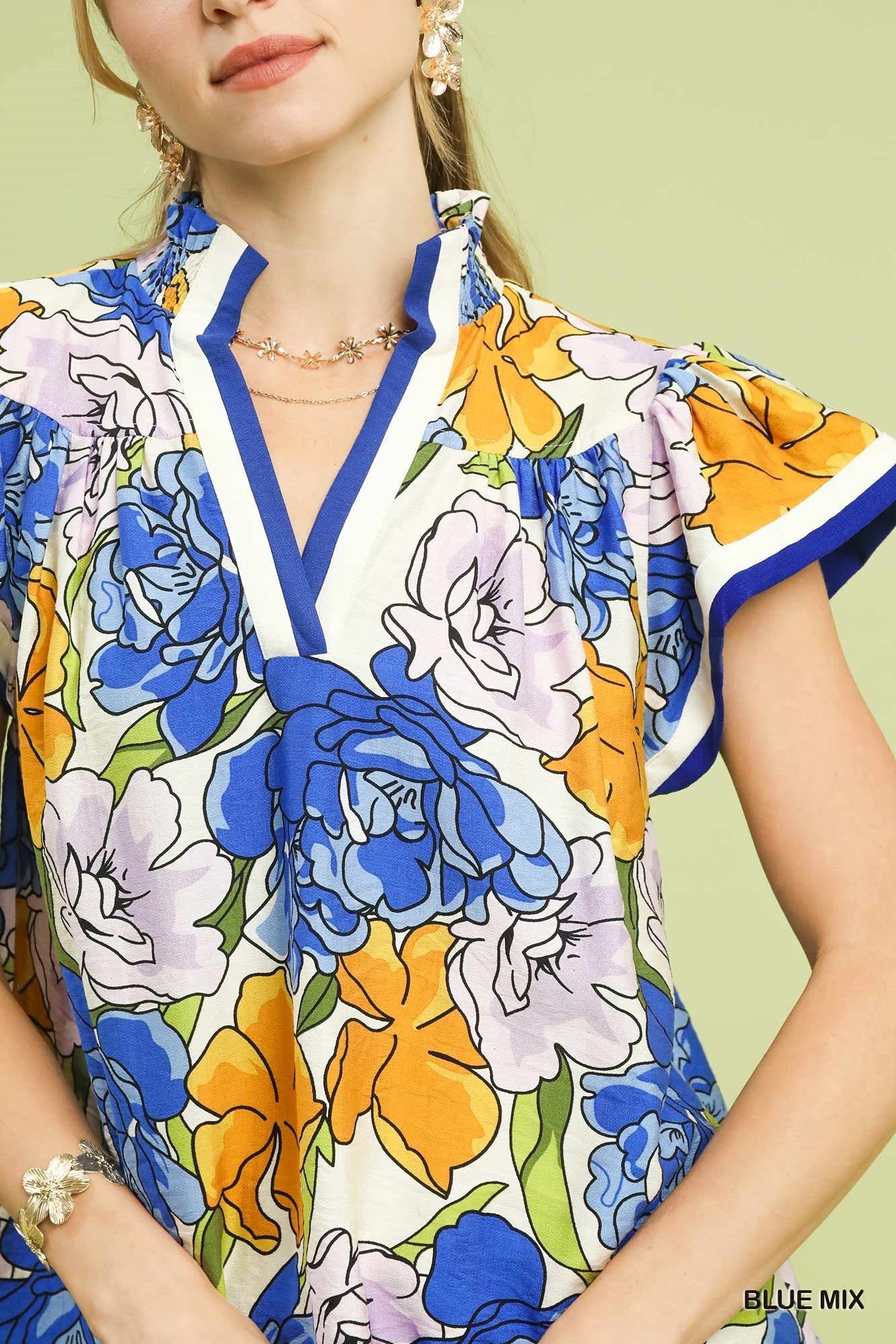 Umgee Floral Print Blouse with Contrast Trim - NORIVE