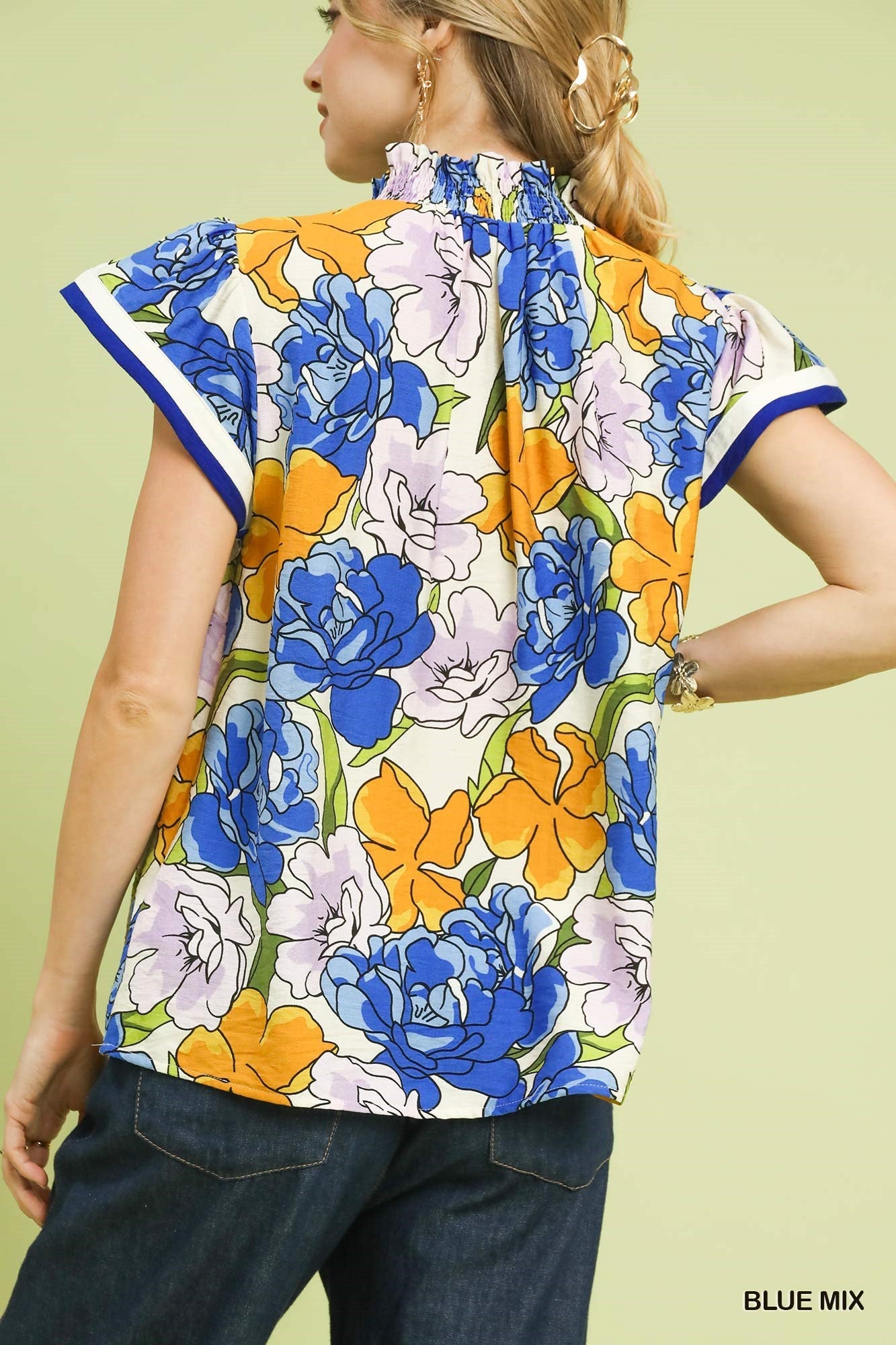Umgee Floral Print Blouse with Contrast Trim - NORIVE