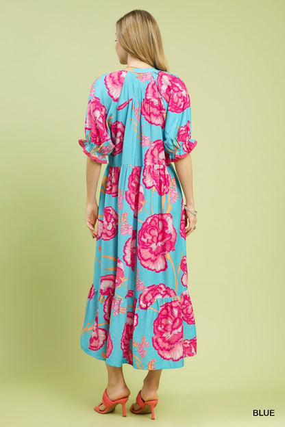 Umgee Floral Print Midi Dress with Contrast Trim - NORIVE