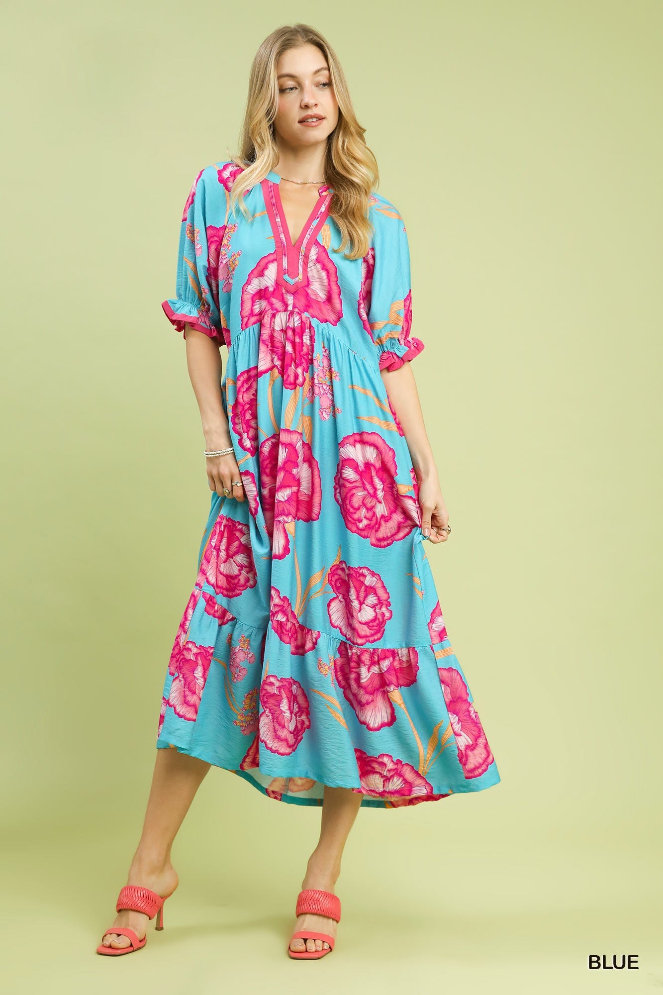 Umgee Floral Print Midi Dress with Contrast Trim - NORIVE