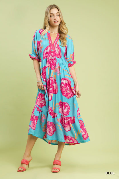 Umgee Floral Print Midi Dress with Contrast Trim - NORIVE