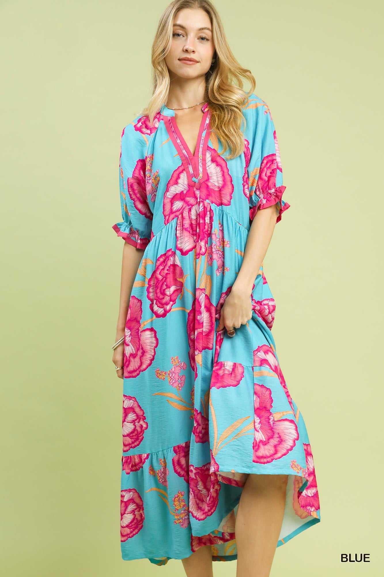 Umgee Floral Print Midi Dress with Contrast Trim - NORIVE