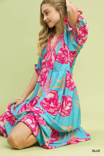 Umgee Floral Print Midi Dress with Contrast Trim - NORIVE