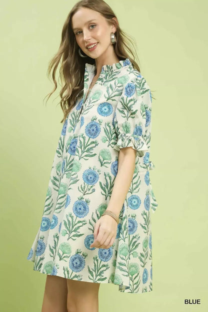Umgee Floral Puff Sleeve Babydoll Dress with Side Pockets - NORIVE