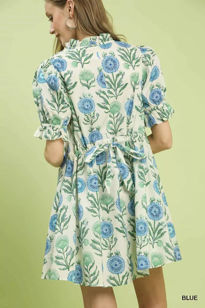 Umgee Floral Puff Sleeve Babydoll Dress with Side Pockets - NORIVE