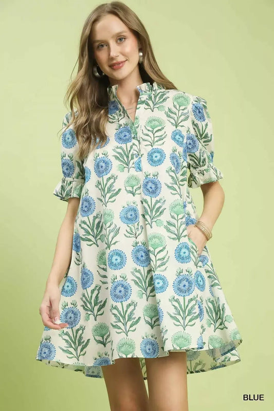 Umgee Floral Puff Sleeve Babydoll Dress with Side Pockets - NORIVE