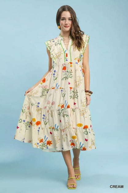 Umgee Floral Ruffle Tiered Midi Dress with Scalloped Detail - NORIVE