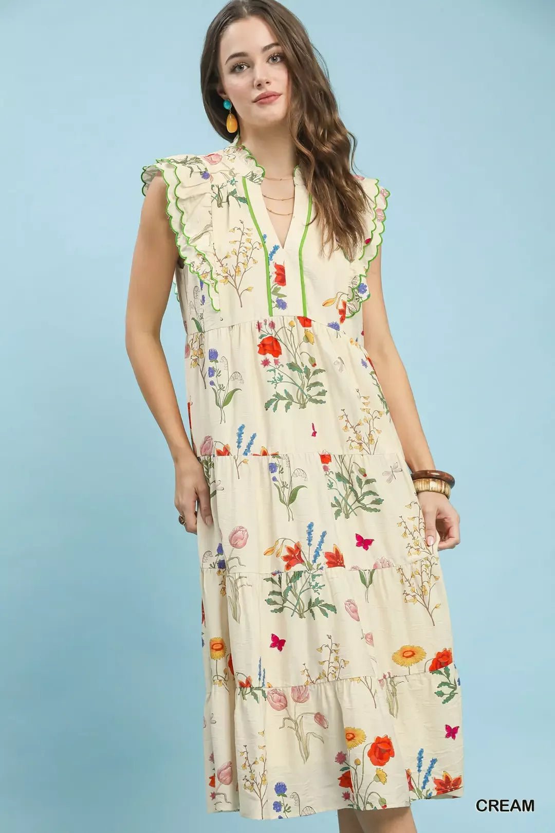 Umgee Floral Ruffle Tiered Midi Dress with Scalloped Detail - NORIVE