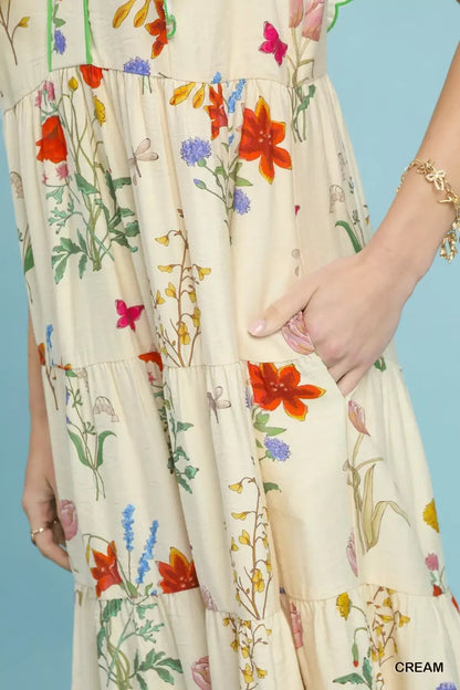 Umgee Floral Ruffle Tiered Midi Dress with Scalloped Detail - NORIVE