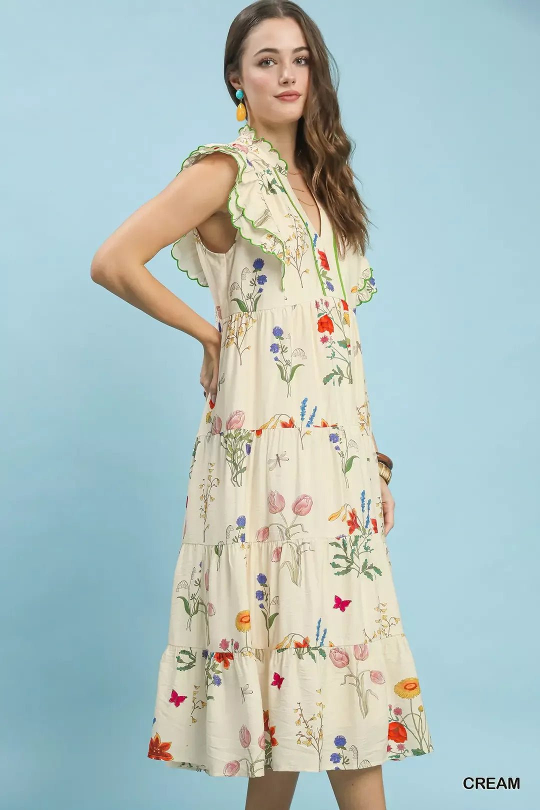 Umgee Floral Ruffle Tiered Midi Dress with Scalloped Detail - NORIVE