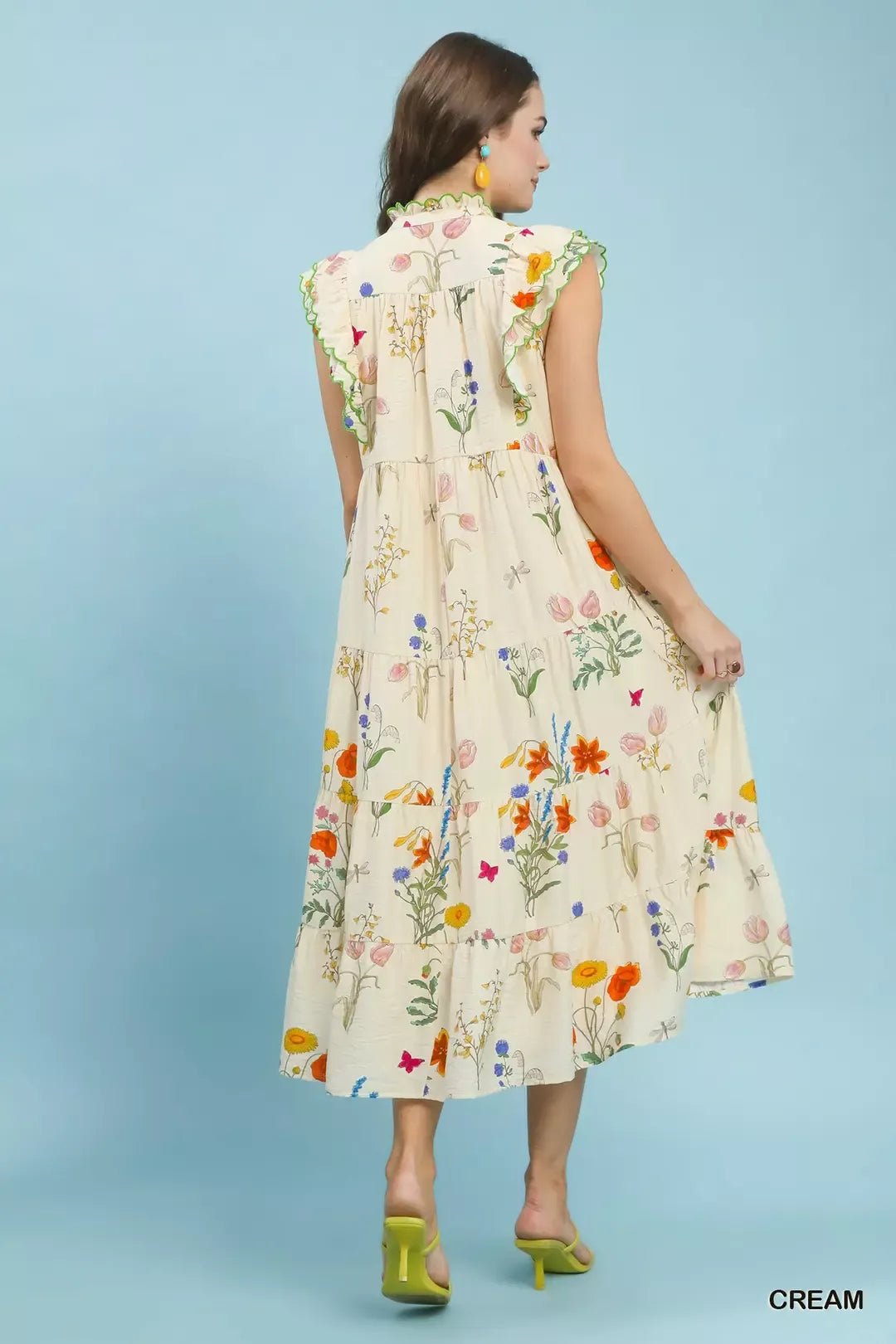 Umgee Floral Ruffle Tiered Midi Dress with Scalloped Detail - NORIVE