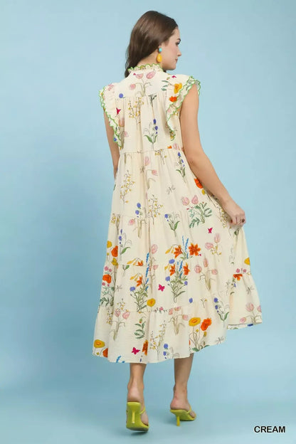 Umgee Floral Ruffle Tiered Midi Dress with Scalloped Detail - NORIVE