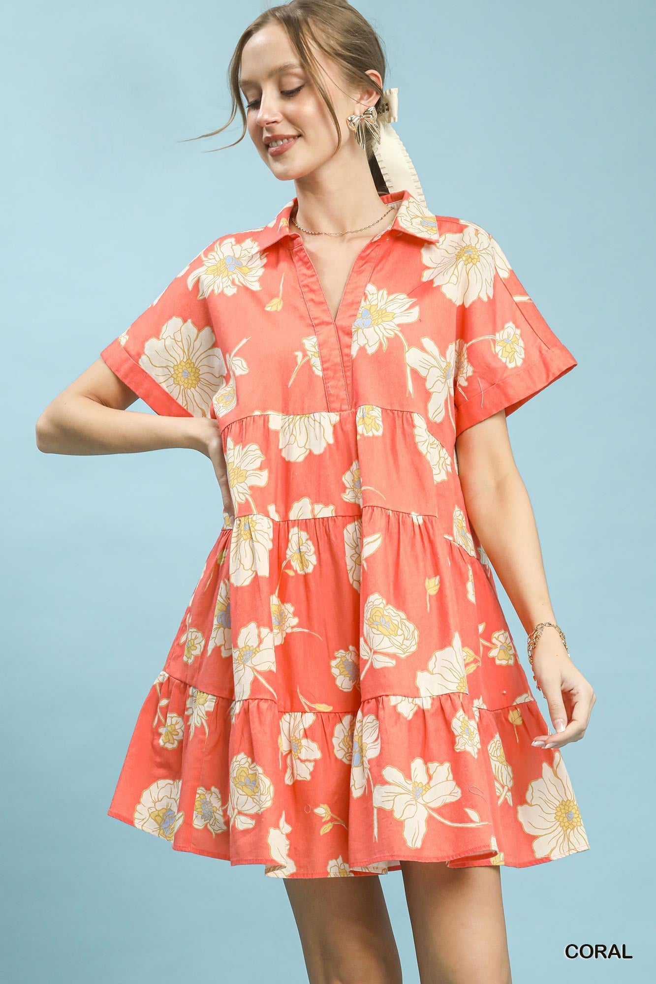 Umgee Floral Tiered Collared Babydoll Dress - NORIVE
