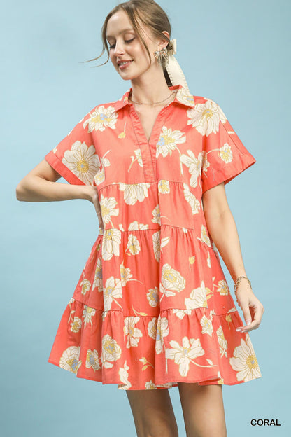 Umgee Floral Tiered Collared Babydoll Dress - NORIVE