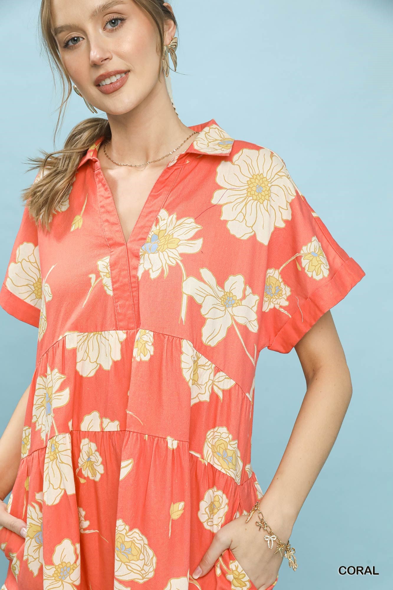Umgee Floral Tiered Collared Babydoll Dress - NORIVE