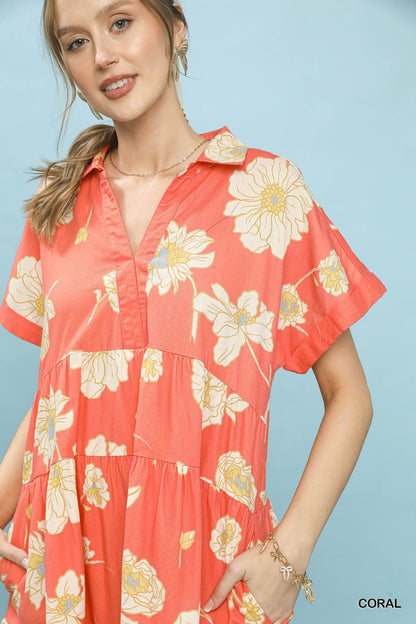 Umgee Floral Tiered Collared Babydoll Dress - NORIVE