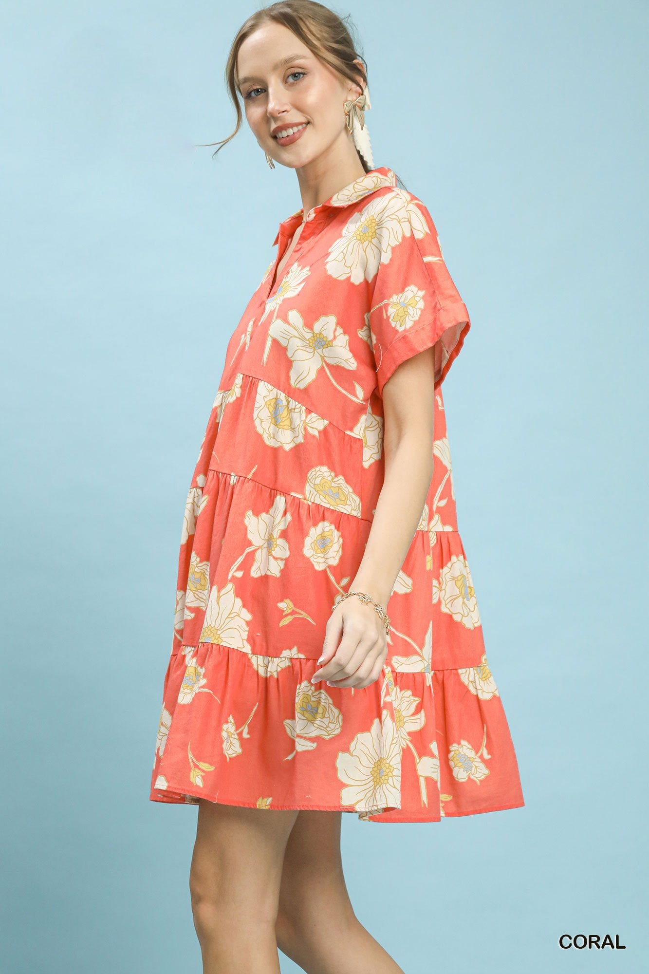 Umgee Floral Tiered Collared Babydoll Dress - NORIVE