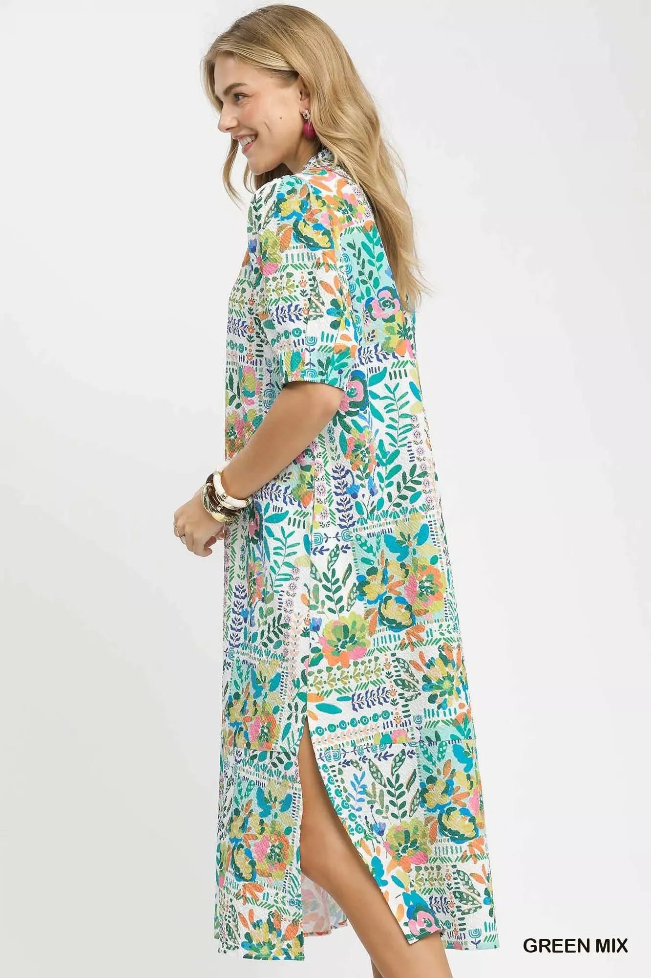 Umgee Folk Print Midi Dress with Side Pockets - NORIVE