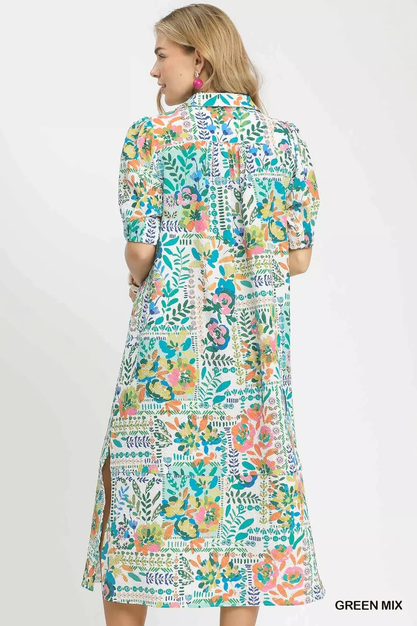 Umgee Folk Print Midi Dress with Side Pockets - NORIVE
