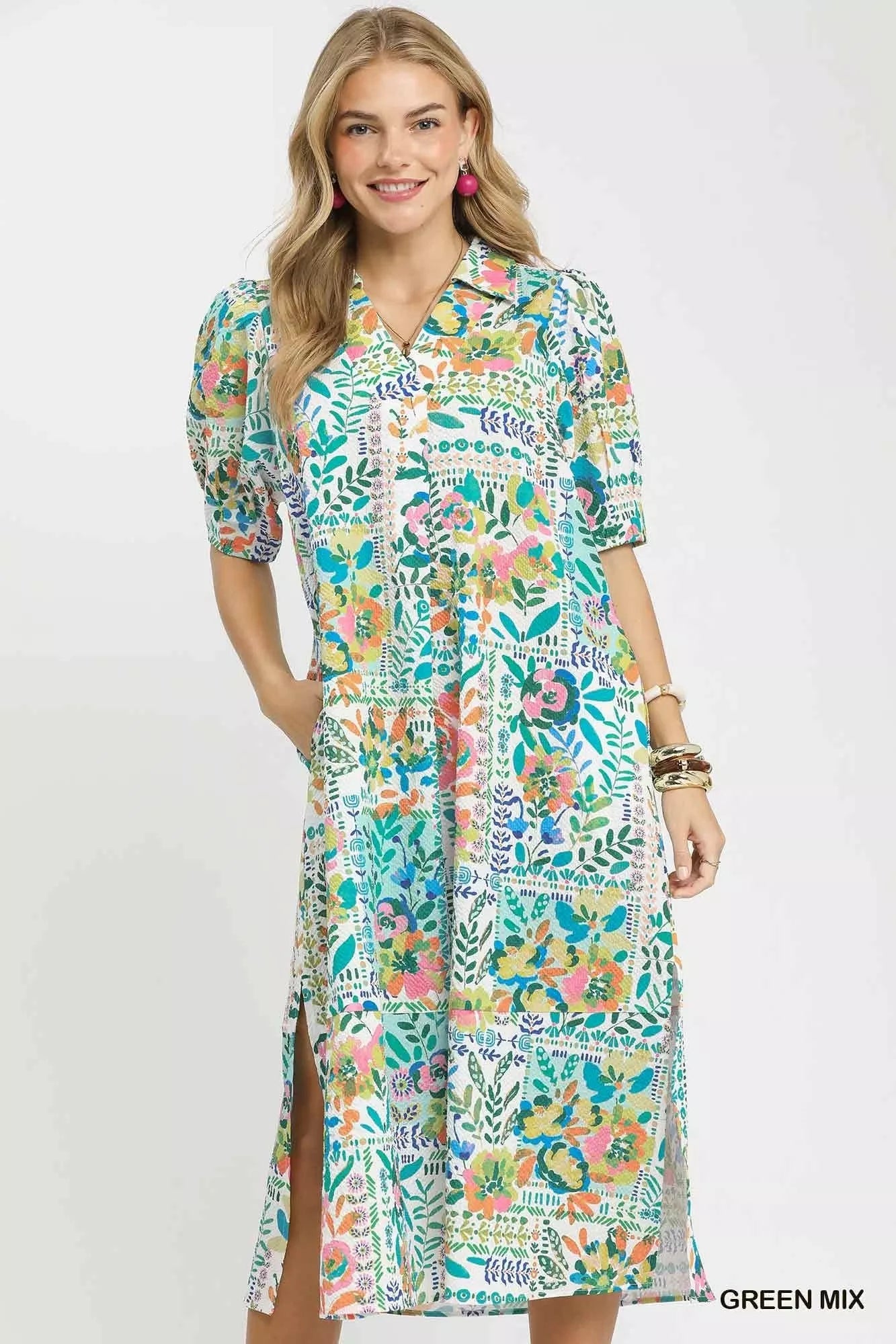 Umgee Folk Print Midi Dress with Side Pockets - NORIVE