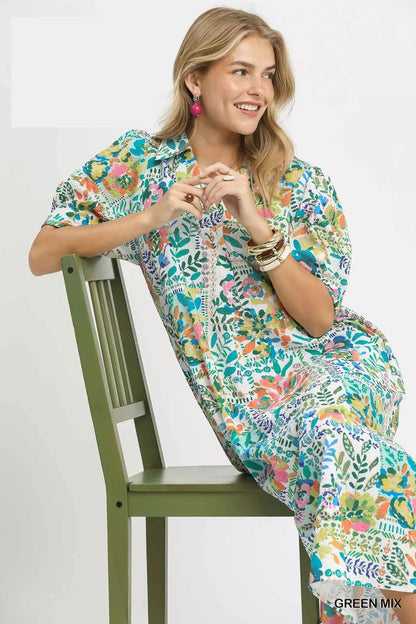 Umgee Folk Print Midi Dress with Side Pockets - NORIVE