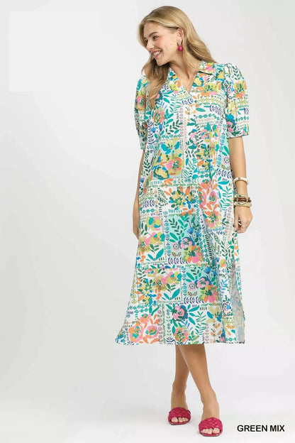 Umgee Folk Print Midi Dress with Side Pockets - NORIVE