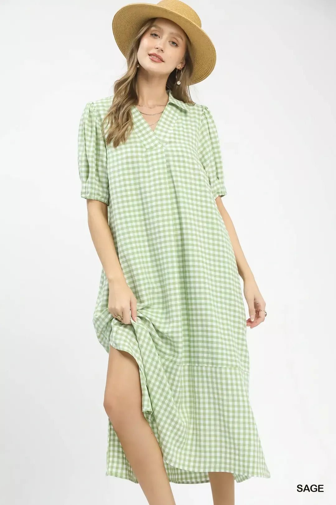 Umgee Gingham Midi Dress with Side Pockets - NORIVE