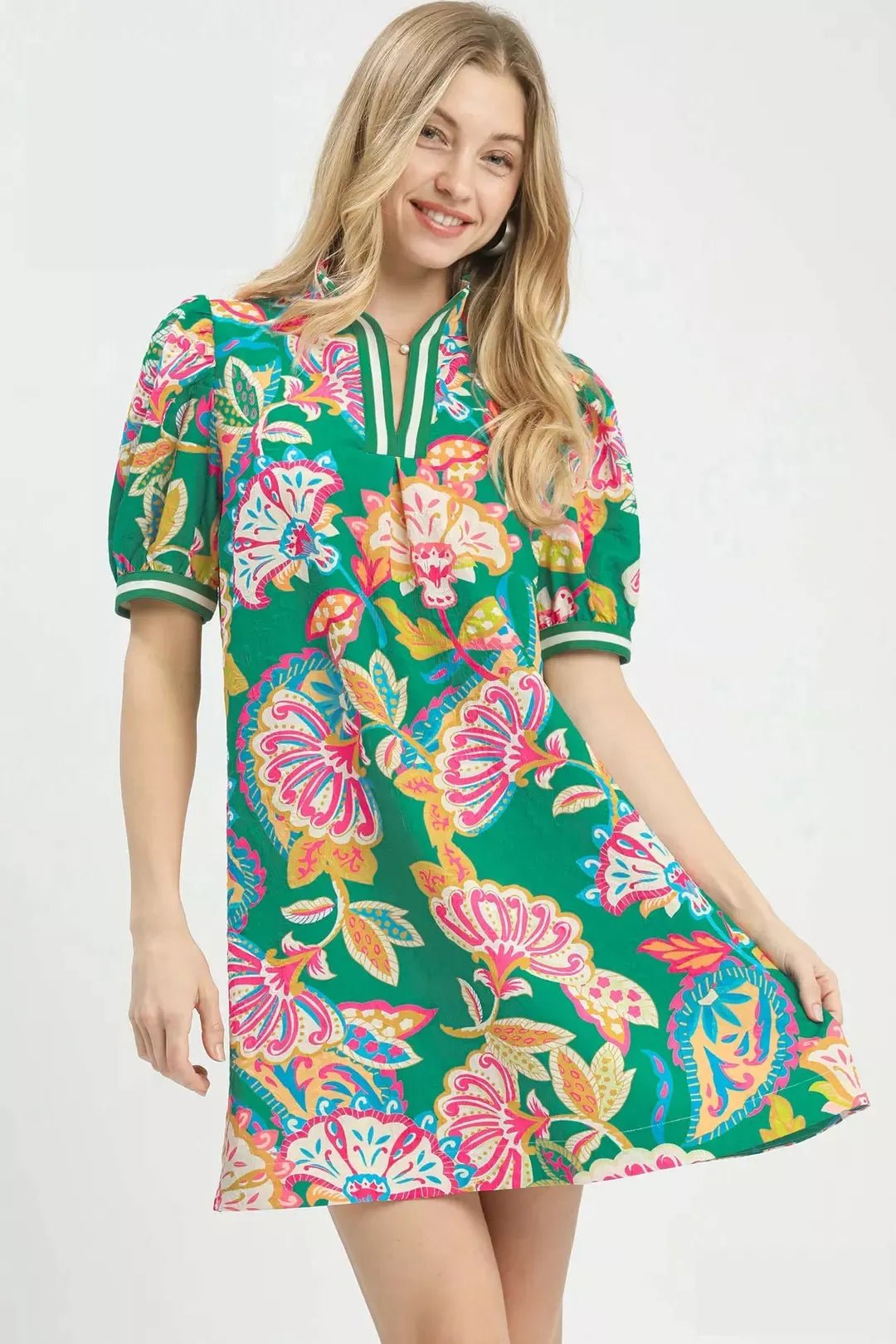Umgee Jacquard Paisley Print Puff Sleeve Tunic Dress - NORIVE