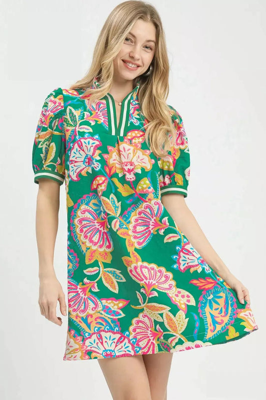 Umgee Jacquard Paisley Print Puff Sleeve Tunic Dress - NORIVE