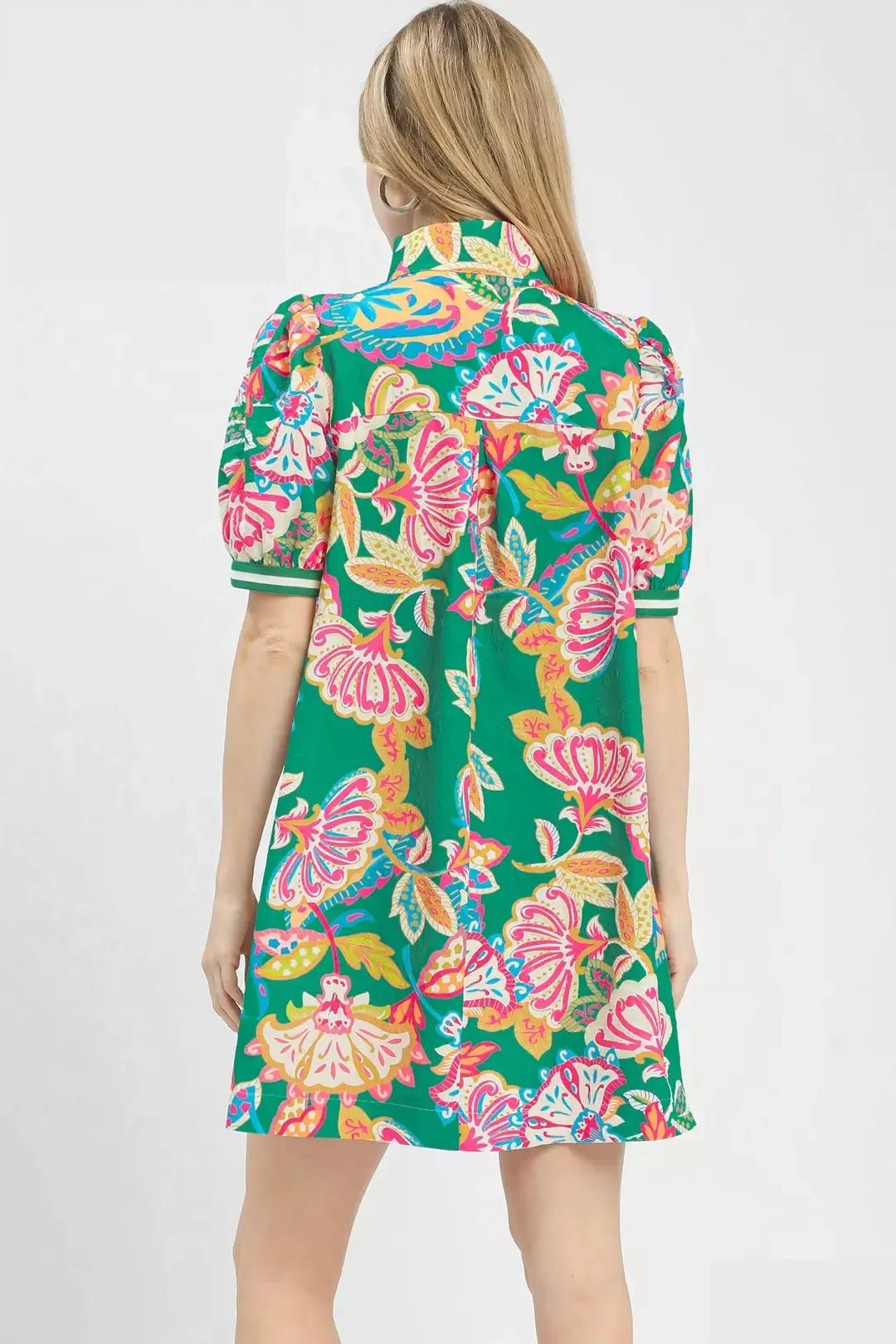 Umgee Jacquard Paisley Print Puff Sleeve Tunic Dress - NORIVE