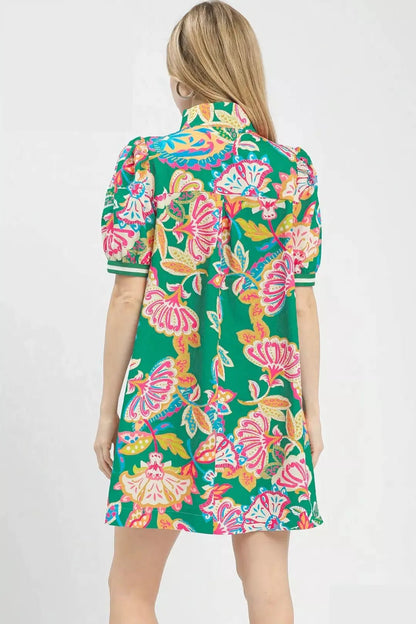 Umgee Jacquard Paisley Print Puff Sleeve Tunic Dress - NORIVE