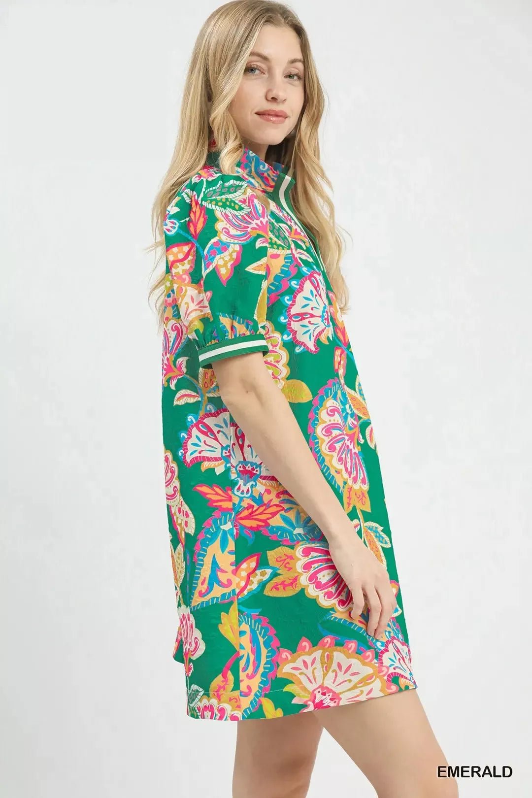 Umgee Jacquard Paisley Print Puff Sleeve Tunic Dress - NORIVE