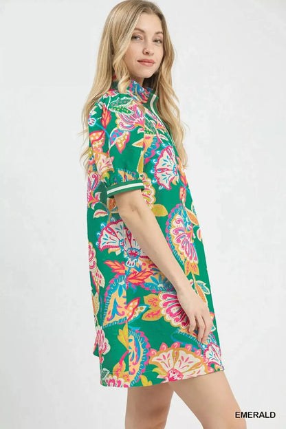 Umgee Jacquard Paisley Print Puff Sleeve Tunic Dress - NORIVE