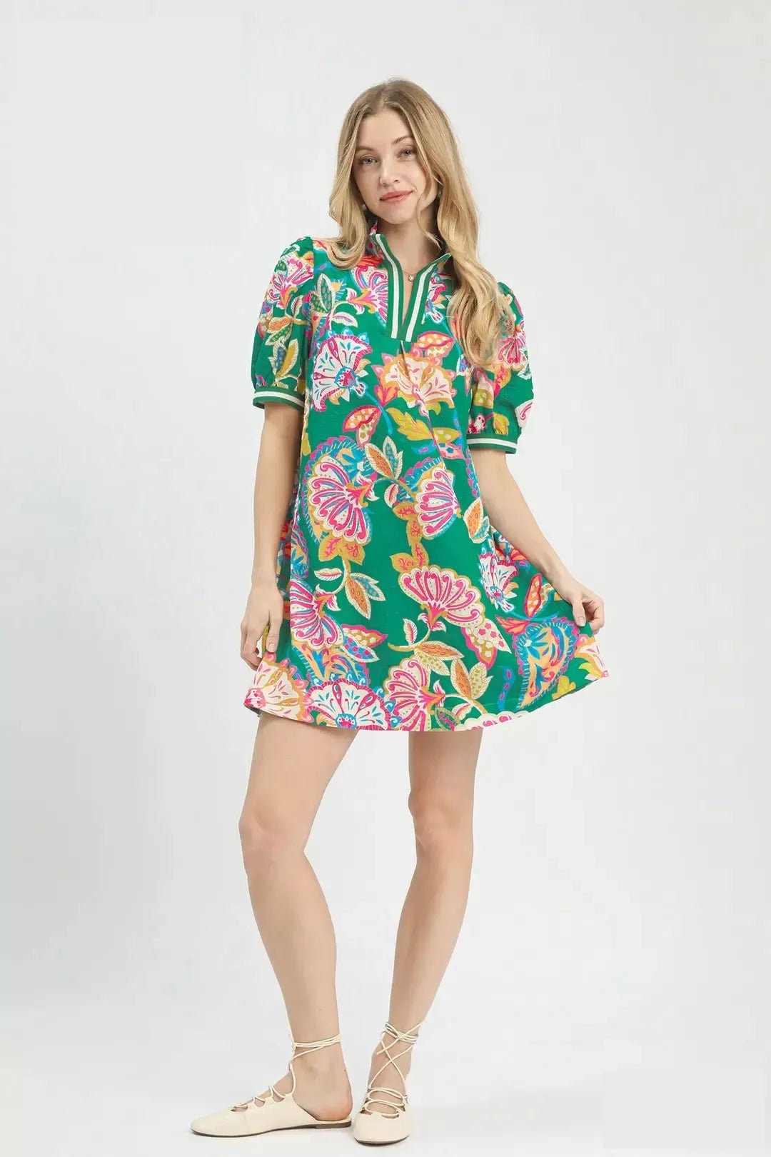 Umgee Jacquard Paisley Print Puff Sleeve Tunic Dress - NORIVE