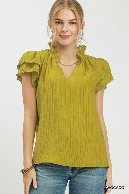 Umgee Lace Trim Ruffle Top - NORIVE