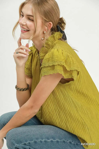 Umgee Lace Trim Ruffle Top - NORIVE