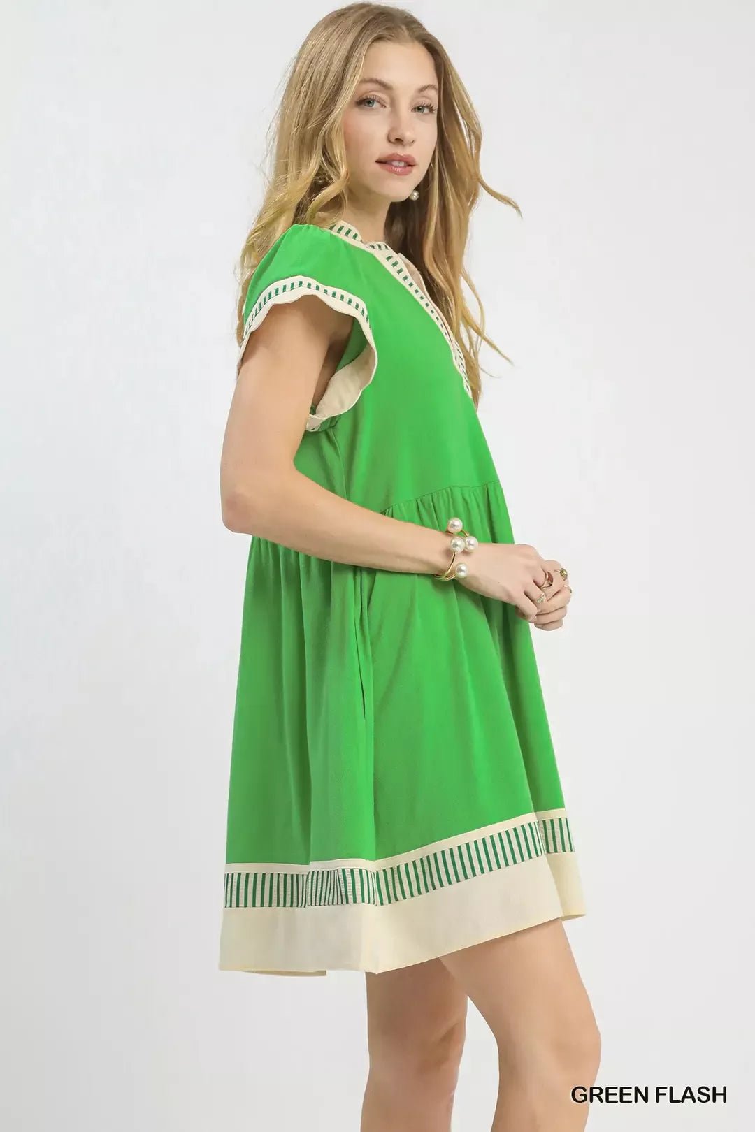 Umgee Linen Color Block Flutter Sleeve Dress - NORIVE