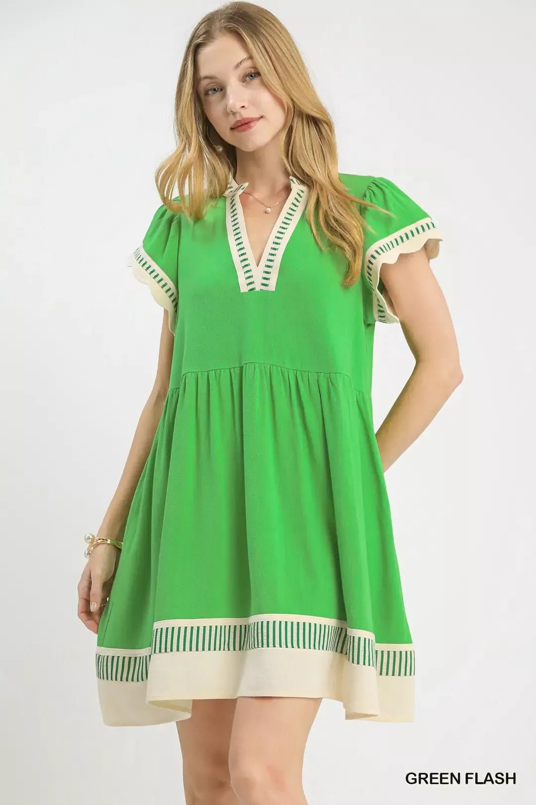 Umgee Linen Color Block Flutter Sleeve Dress - NORIVE