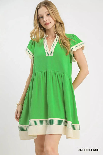 Umgee Linen Color Block Flutter Sleeve Dress - NORIVE