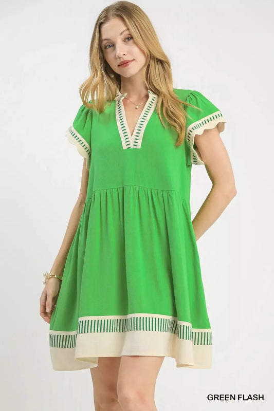 Umgee Linen Color Block Flutter Sleeve Dress - NORIVE