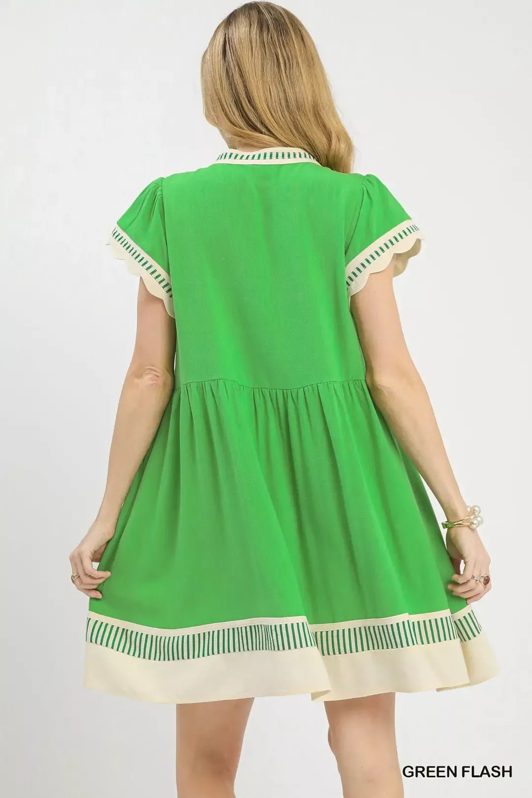 Umgee Linen Color Block Flutter Sleeve Dress - NORIVE